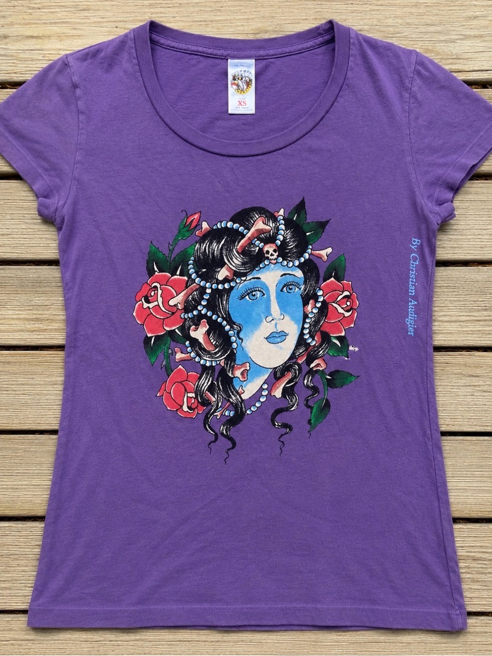 Christian Audigier Purple Graphic Scoop Neck Tee with Rose Portrait
